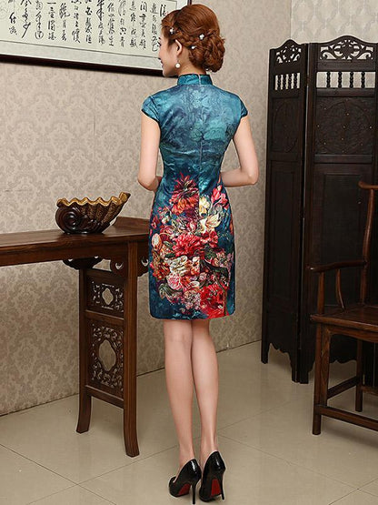 Blue Floral Short Cheongsam Dress