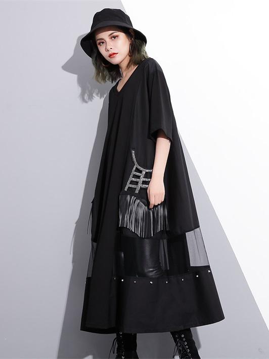 V-neck Split-joint Tasseled Shirt Midi Dresses