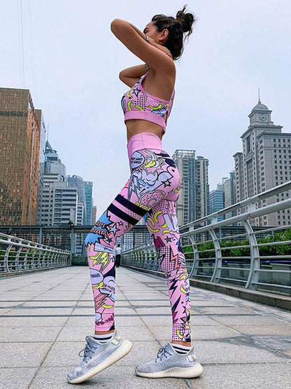 Racerback Cartoon Print Tanks And Leggings Sport Suits
