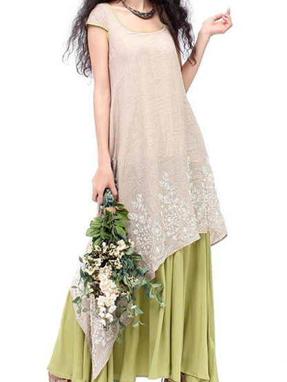 Embroidered Cropped Ramie Cotton Long Dress