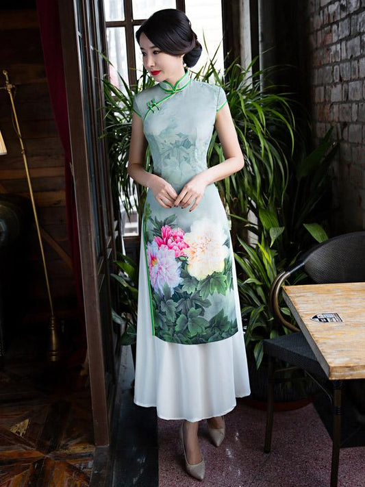 Green Peony Print Split-side Ao Dai Long Cheongsam