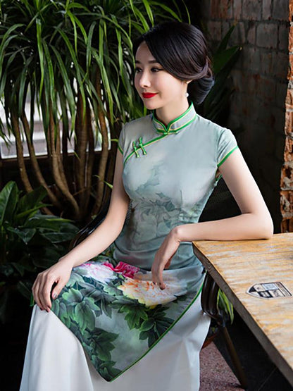 Green Peony Print Split-side Ao Dai Long Cheongsam