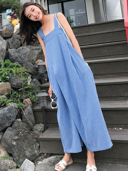 Blue Striped Sleeveless Wide Leg Jumpsuits