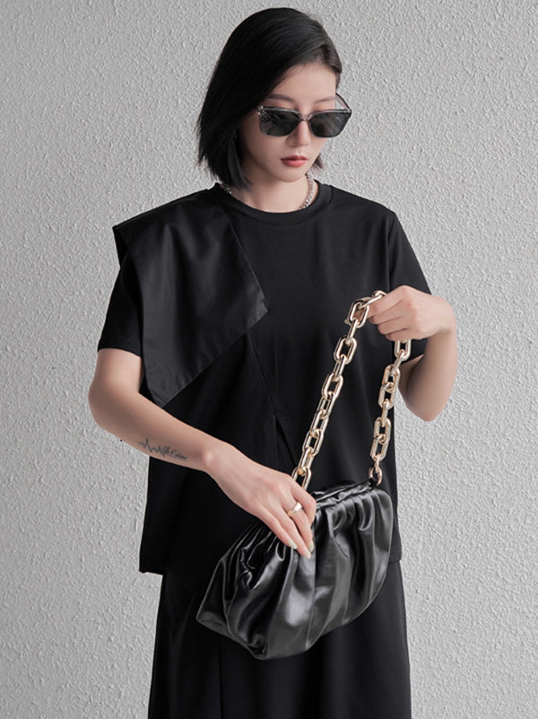 Stylish Black Split-Front Asymmetric Split-Joint Short Sleeves T-Shirts