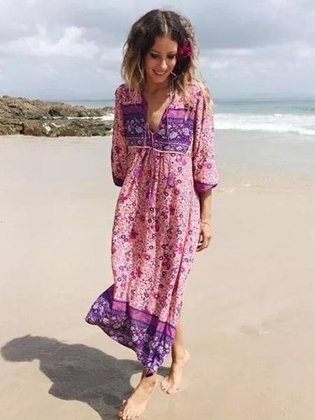 Pink Floral Long Sleeves Maxi Beach Bohemia Dress