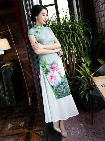 Green Peony Print Split-side Ao Dai Long Cheongsam