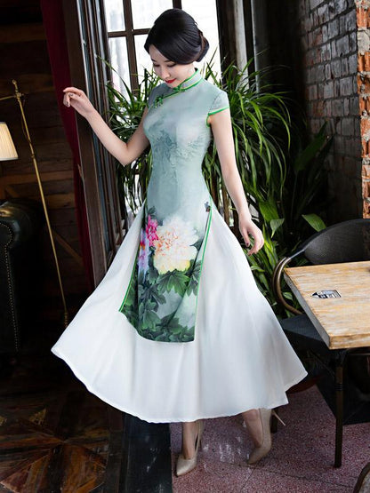 Green Peony Print Split-side Ao Dai Long Cheongsam