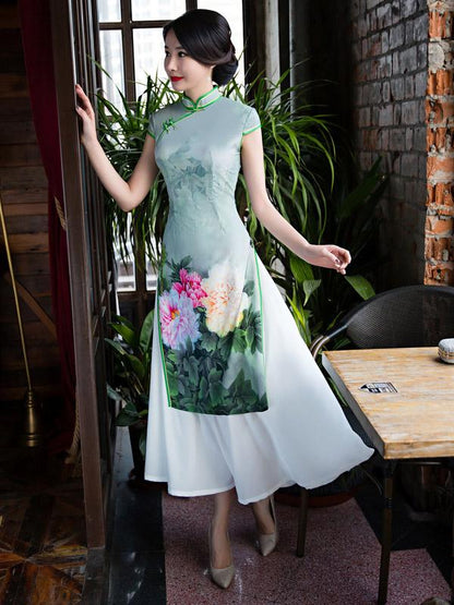 Green Peony Print Split-side Ao Dai Long Cheongsam
