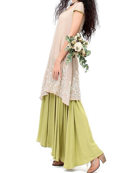 Embroidered Cropped Ramie Cotton Long Dress