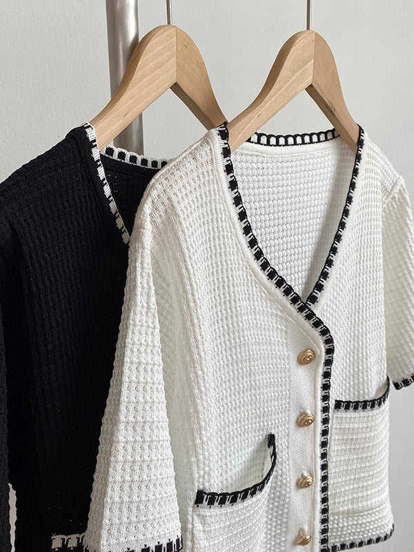Casual Black&White V-Neck Short Sleeves Knitwear Cardigan