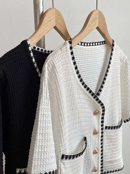 Casual Black&White V-Neck Short Sleeves Knitwear Cardigan