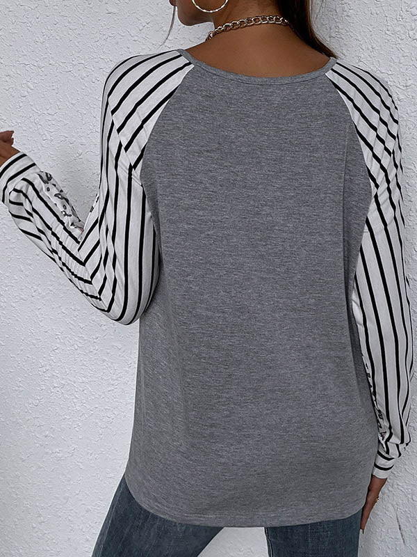 Stylish V-Neck Leopard Striped Split-Joint Raglan Sleeve T-Shirts