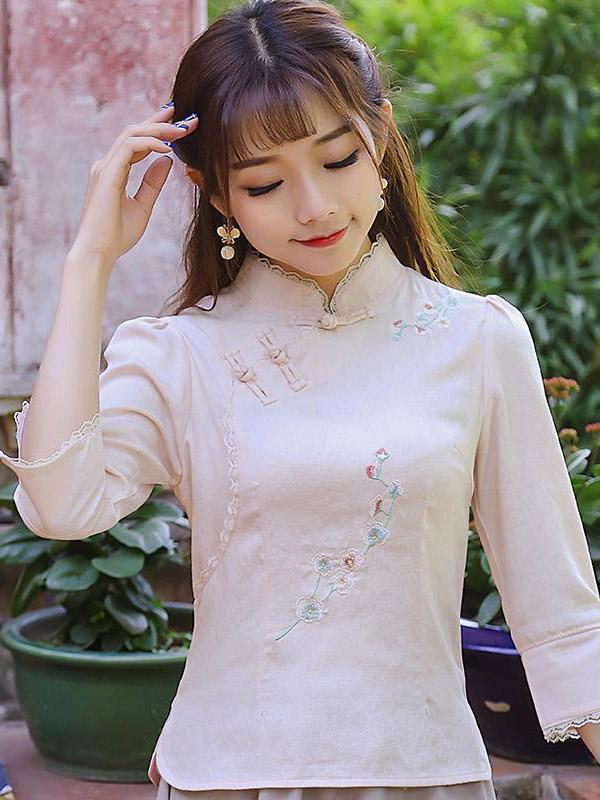 Chinese Traditional Stand Collar Top with Floral Print
