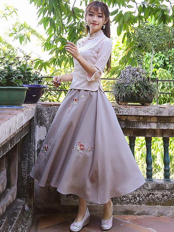 Chinese Traditional Stand Collar Top with Floral Print