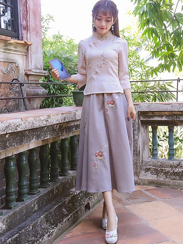 Chinese Traditional Stand Collar Top with Floral Print