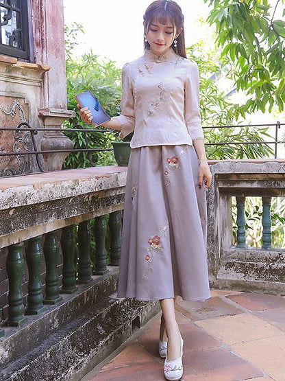 Chinese Traditional Stand Collar Top with Floral Print