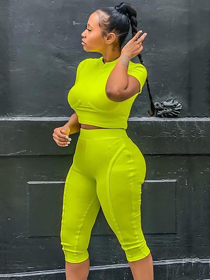 Solid High-neck Tops Wrap Shorts Sports Suits