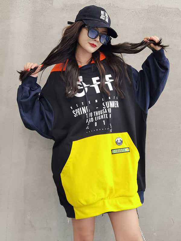 Original Split-Joint Contrast Color Letter Printed Batwing Sleeve Drawstring Hoodies
