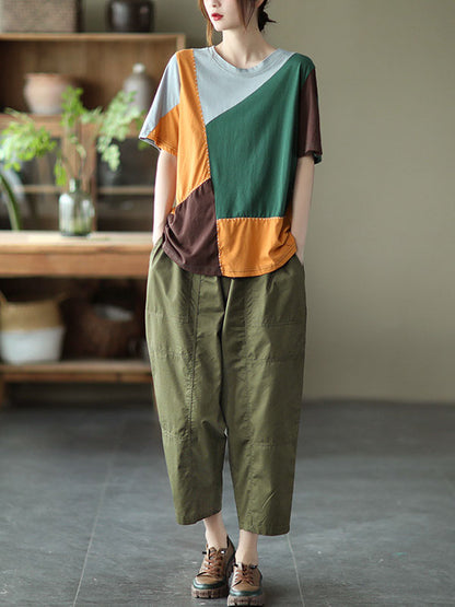 Cotton Blend Round-Neck Contrast Color T-Shirts Tops