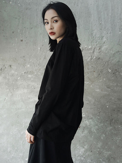 Casual Solid Color Pleated Long Sleeves Round-Neck T-Shirt Tops