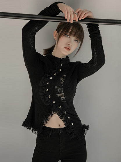 Stylish Asymmetric Buttoned Hollow Lace Stand Collar Long Sleeves Knitwear Cardigan