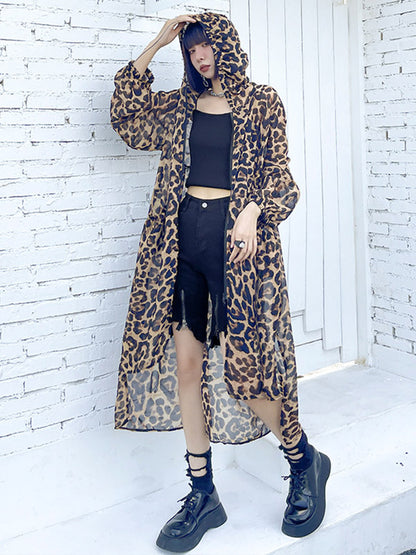 Original Leopard Zipper Split-Side Hooded Long Sleeves Sun-Protection Outerwear