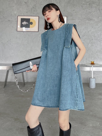 Stylish Denim Split-Joint Sleeveless Vest H-Line Mini Dress