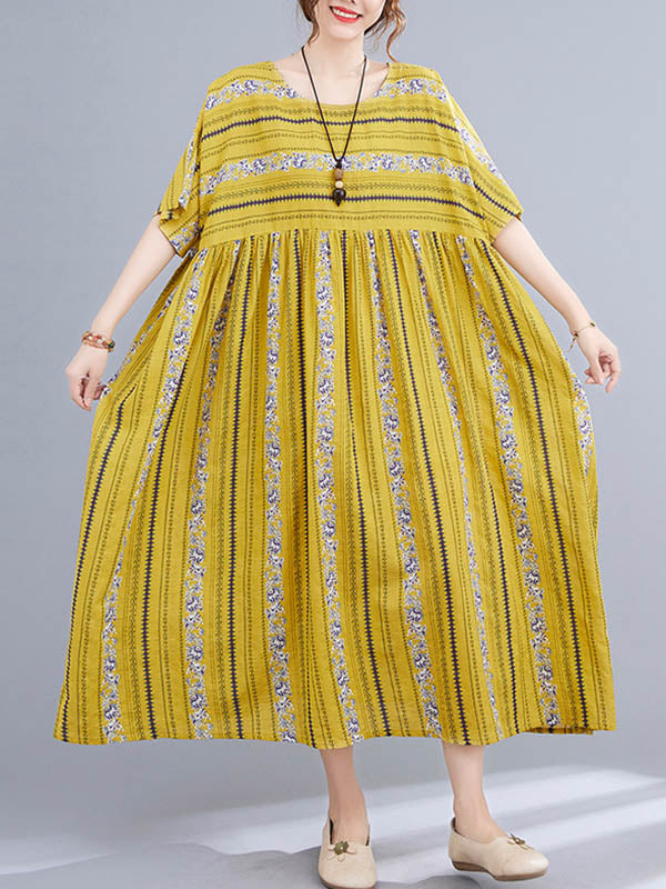 Vintage Striped Printed Round-Neck Short Sleeves Midi Dress
