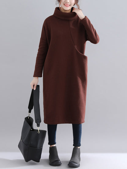 Simple Solid Color With Pocket High-Neck Long Sleeves Sweatshirt Dress