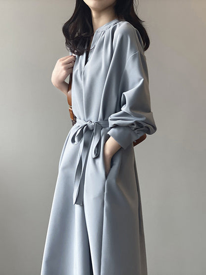 Urban Simple Solid Color Pleated Tied V-Neck Long Sleeves Midi Dress