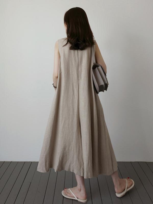 Light Khaki Loose Sleeveless Round-neck Wide Leg Jumpsuits