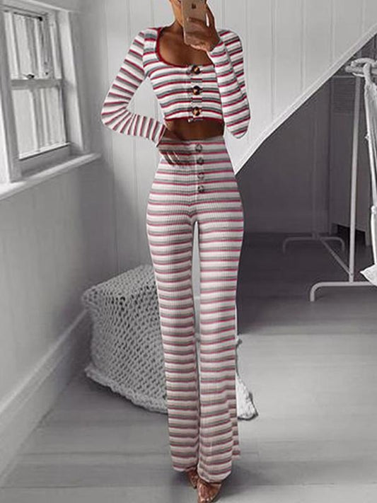 Sexy Striped Long Sleeves Large Buttons Suits