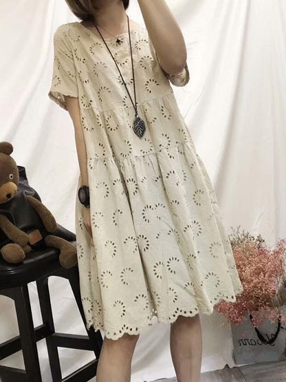 Cotton Vintage Embroidered Hollow Tiered Dress