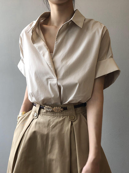 Simple Urban Solid Color Pleated Lapel Collar Short Sleeves Blouse