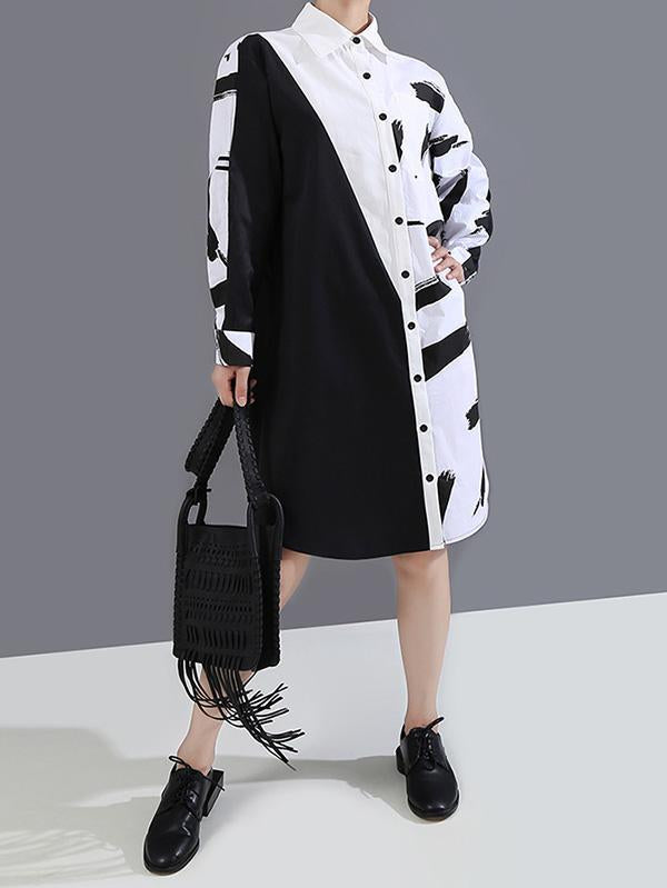 Long Split-Joint Lapel Printed Sleeve Midi Dress