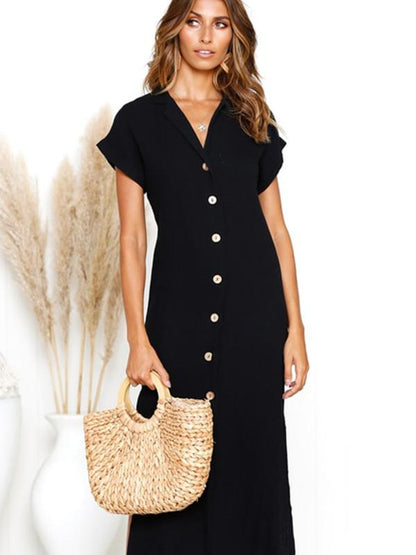 Simple Split-side V-neck Shirt Midi Dress