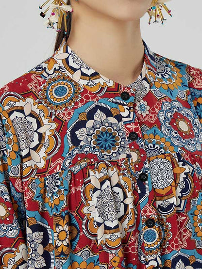 National Floral Printed Buttoned Pleated Stand Collar Long Sleeves Midi Dress