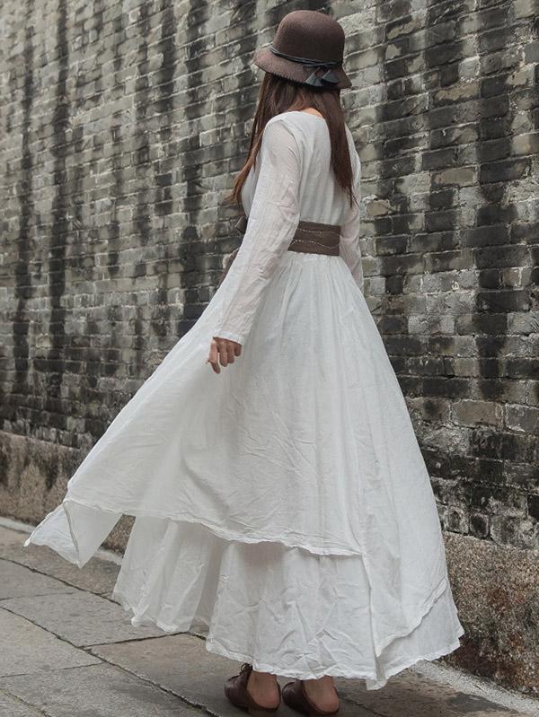 Cotton Solid Split-joint Ramie Cotton Big Hemline Long Dress
