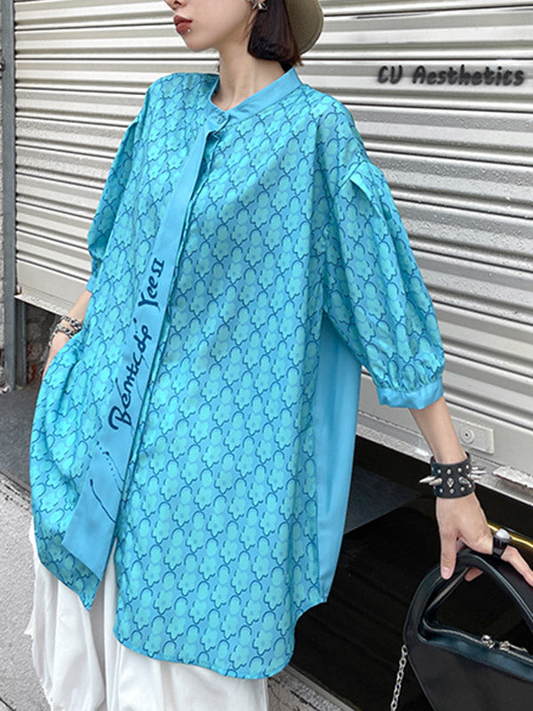 Stylish Split-Joint Printed Stand Collar Tie Short Sleeves Blouses