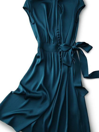 Elegance Blue Tied Cap Sleeve Long Dress