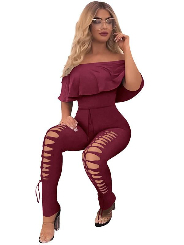 Off-The-Shoulder Lotus Leaf Sleeves Solid Sexy Jumpsuit