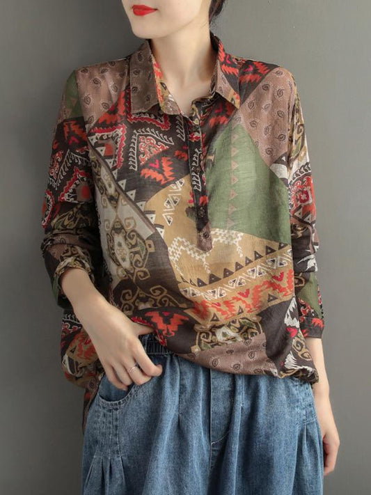 Artistic Retro Print Lapel Shirt Blouse Tops