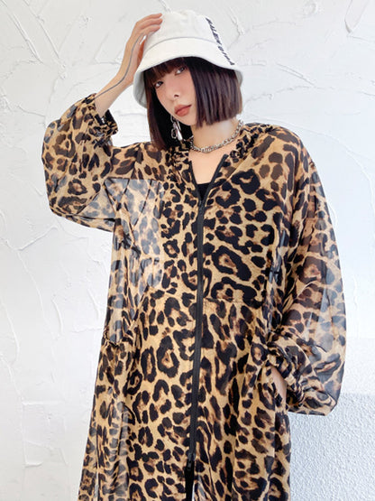 Original Leopard Zipper Split-Side Hooded Long Sleeves Sun-Protection Outerwear
