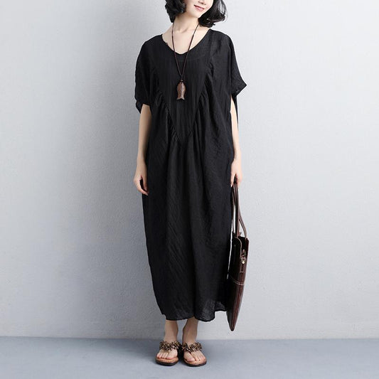 V Neck Short Sleeve Polyester Loose Black Dress