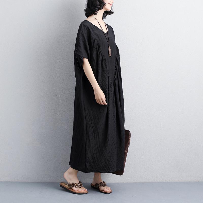 V Neck Short Sleeve Polyester Loose Black Dress