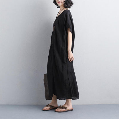 V Neck Short Sleeve Polyester Loose Black Dress