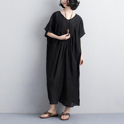 V Neck Short Sleeve Polyester Loose Black Dress