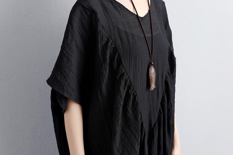 V Neck Short Sleeve Polyester Loose Black Dress