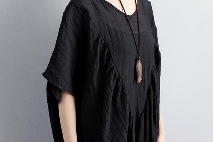 V Neck Short Sleeve Polyester Loose Black Dress