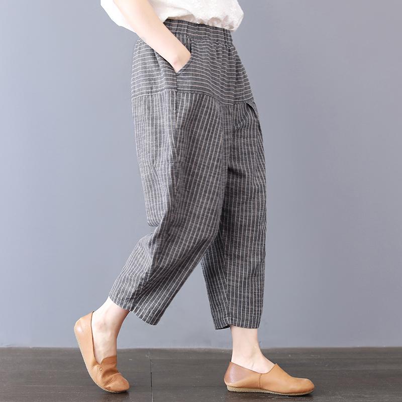 Stripe Pockets Cotton Women Pants